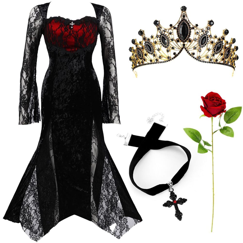 5479 4 Pcs Halloween Gothic Costume Dress Lace Long Sleeve Draped Bodycon
